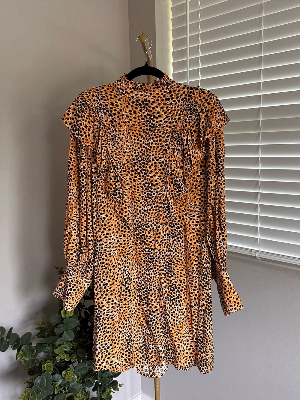 Ganni Orange and Black Long-Sleeve High-Neck Mini Dress
